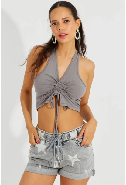 Kadın Gri Sırtı Açık Crop Bluz B2697