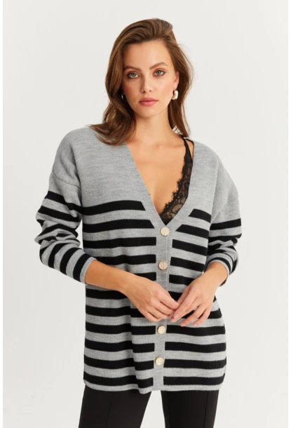 Kadın Gri-Sıyah Çizgili Triko Hırka CNG3
