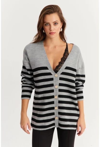 Kadın Gri-Sıyah Çizgili Triko Hırka CNG3