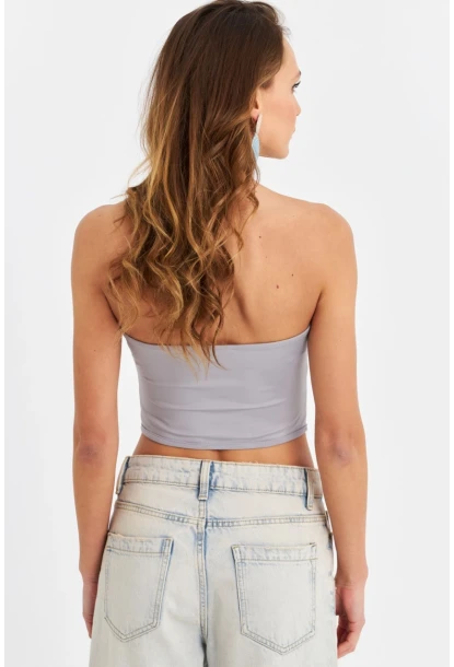 Kadın Gri Straplez Crop Bluz B6081