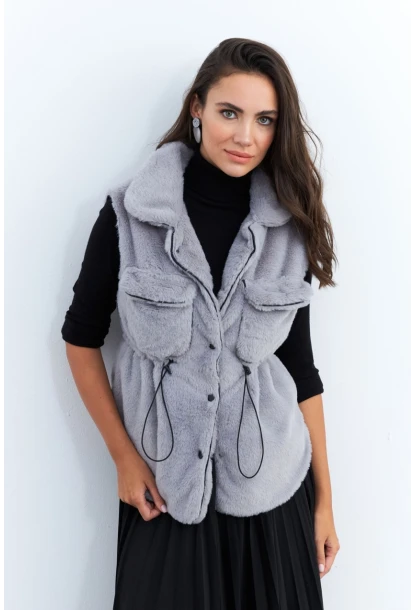 Kadın Gri Suni Kürk Cepli Yelek MK66