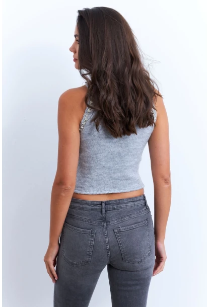 Kadın Gri Taş Detaylı Triko Bluz KED172