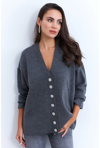 Kadın Gri Taşlı Düğmeli Hırka MİW4572