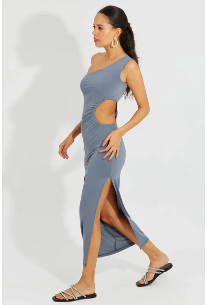 Kadın Gri Tek Omuz Yırtmaçlı Maxi Elbise B2629