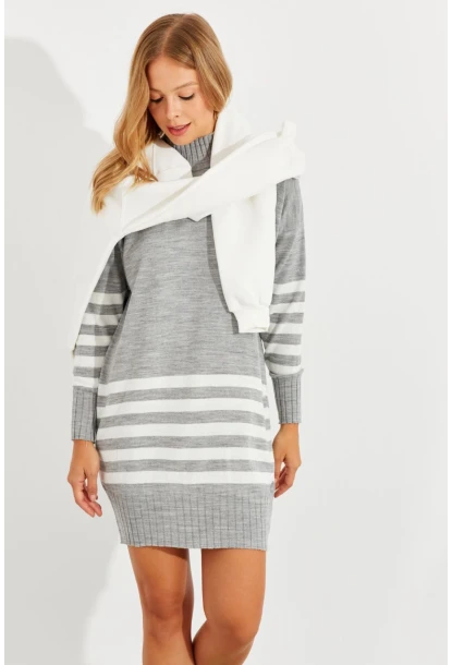 Kadın Gri Triko Çizgili Tunik YV202