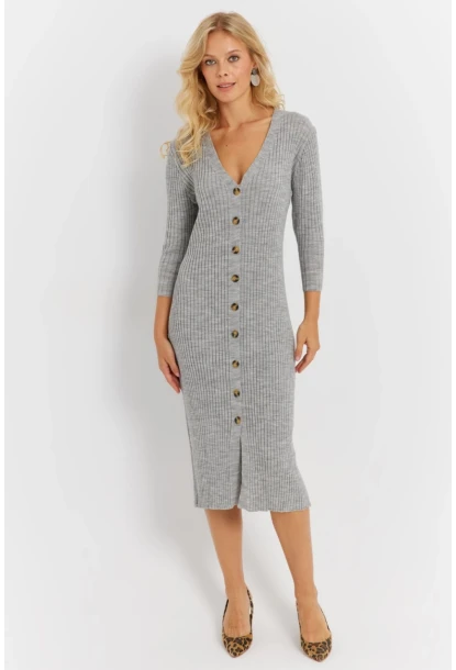 Kadın Gri Triko Midi Gömlek Elbise YV274