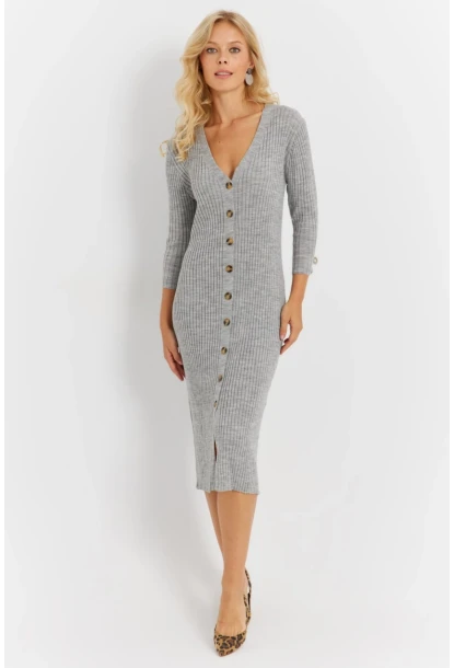 Kadın Gri Triko Midi Gömlek Elbise YV274