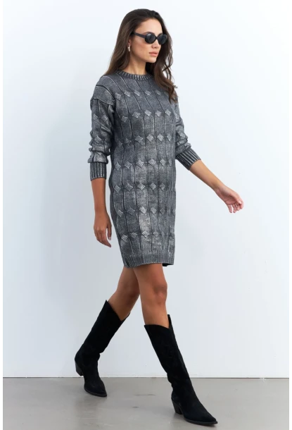 Kadın Gri Varaklı Triko Midi Elbise NAR446