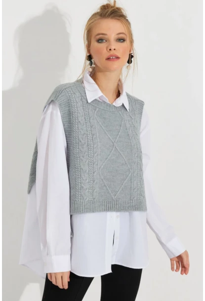 Kadın Gri Yanları Bağlamalı Süveter YV210
