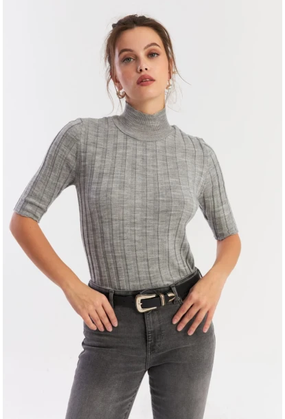 Kadın Gri Yarım Balıkçı Triko Bluz YV287