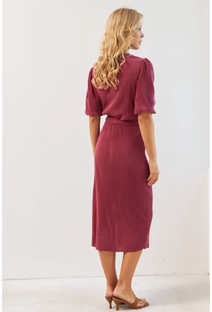 Kadın Gül Kurusu Balon Kol Kruvaze Midi Elbise YLE616