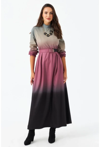 Kadın Gül Kurusu Kemerli Maxi Elbise MHAD4974