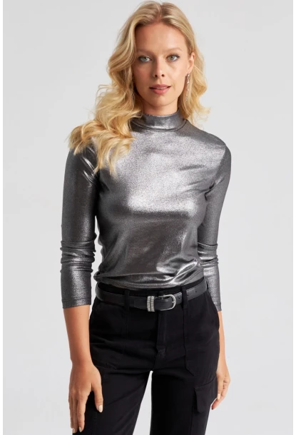 Kadın Gümüş Rengi Parlak Bluz LPP1245