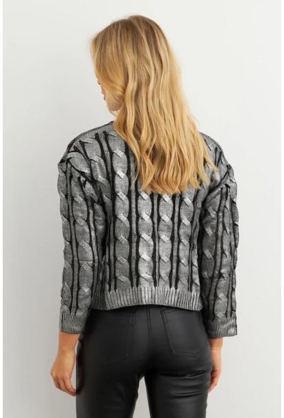 Kadın Gümüş Rengi Saç Örgülü Vatkalı Triko Bluz RM618