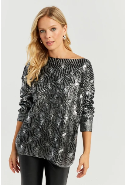 Kadın Gümüş Rengi Varaklı Triko Kazak SF2533