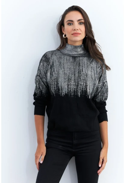 Kadın Gümüş-Siyah Balıkçı Yaka Varaklı Kazak RM07