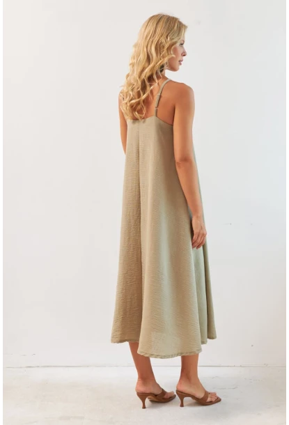 Kadın Haki Ayarlanabilir Askılı Midi Keten Elbise DMR355