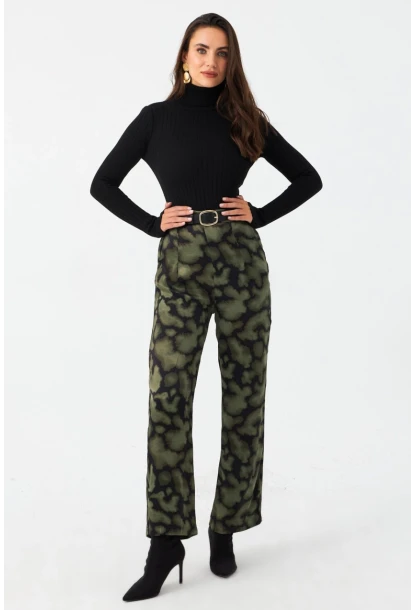 Kadın Haki Batik Desenli Saten Pantolon CAR1069