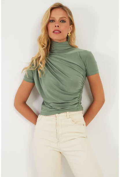 Kadın Haki Büzgülü Bluz LPP1287