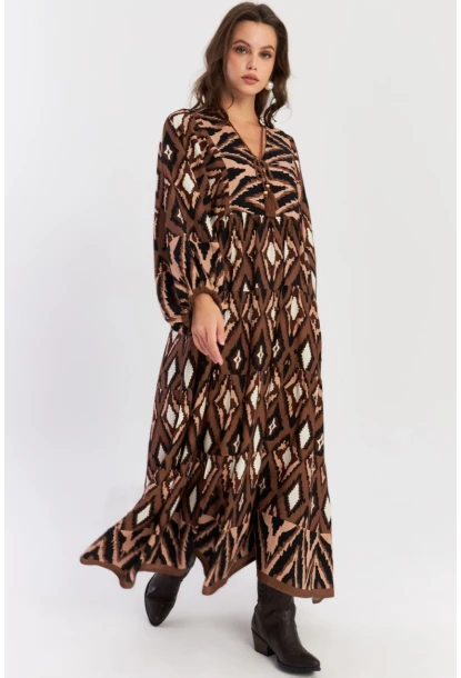 Kadın Haki Desenli Dokuma Maxi Elbise ALO235