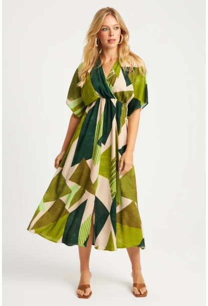 Kadın Haki Desenli Kruvaze Midi Elbise HT108