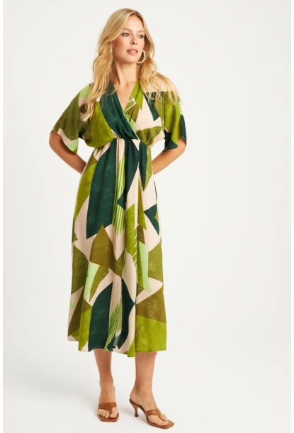 Kadın Haki Desenli Kruvaze Midi Elbise HT108