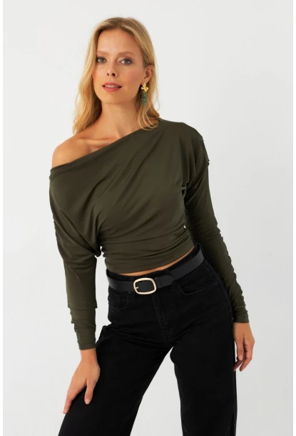 Kadın Haki Kayık Yaka Bluz DMR382-1