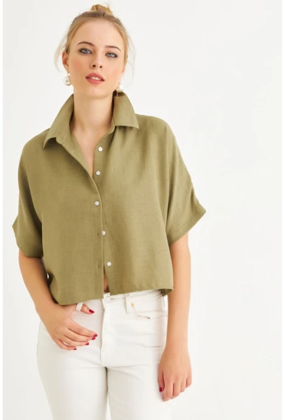 Kadın Haki Kısa Kollu Crop Gömlek CNG117