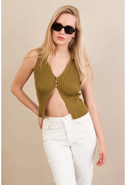 Kadın Haki Polo Yaka Yumoş Yelek ZH050