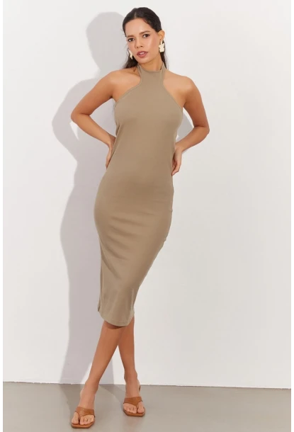 Kadın Haki Sırtı Açık Halter Midi Elbise OW138