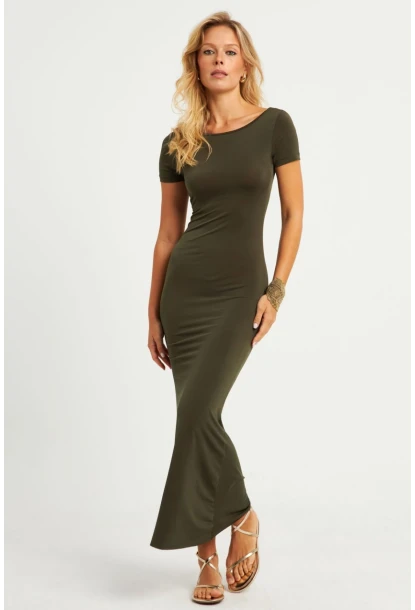 Kadın Haki Sırtı Açık Maxi Elbise DMR306