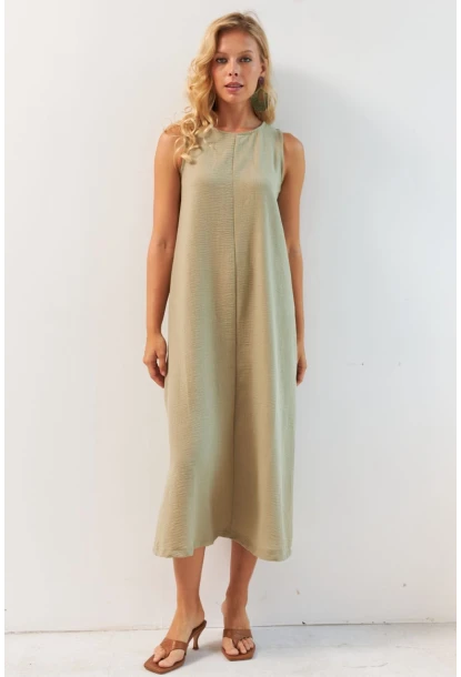 Kadın Haki Sırtı Düğmeli Midi Keten Elbise DMR353