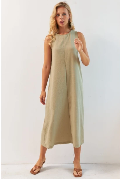 Kadın Haki Sırtı Düğmeli Midi Keten Elbise DMR353