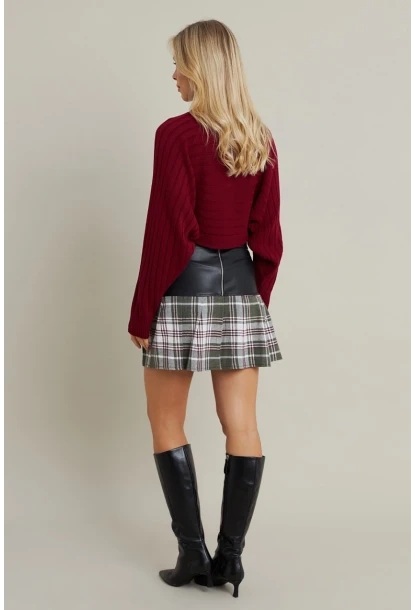 Kadın Haki-Siyah Kazayağı Suni Deri Mini Etek NH93