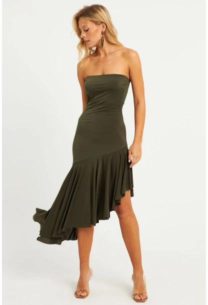 Kadın Haki Straplez Asimetrik Midi Elbise DMR337