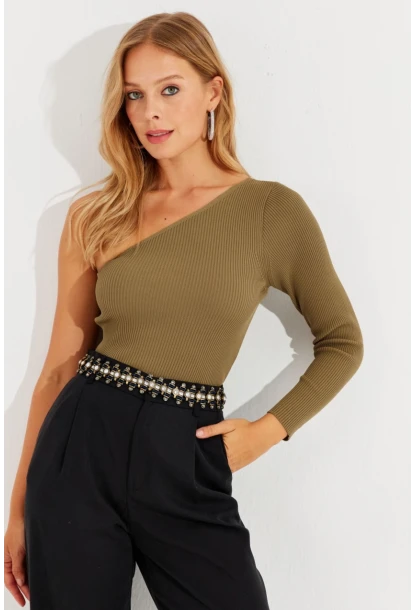 Kadın Haki Tek Omuz Triko Bluz YV204