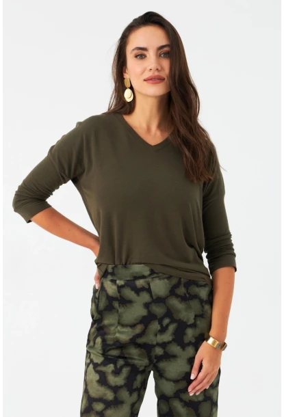 Kadın Haki V Yaka Bluz RX446