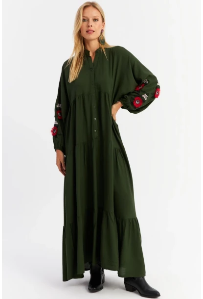 Kadın Haki Volanlı Maxi Elbise MALO9