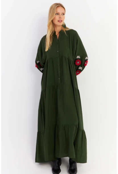 Kadın Haki Volanlı Maxi Elbise MALO9