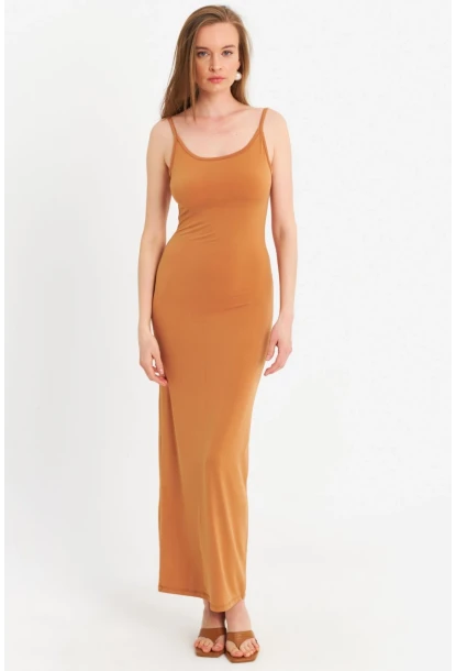 Kadın Hardal Ayarlanabilir Askılı Maxi Elbise MEN2004