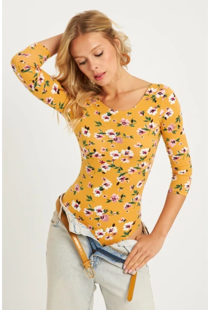 Kadın Hardal Çiçek Desenli Çıtçıtlı Body RK40