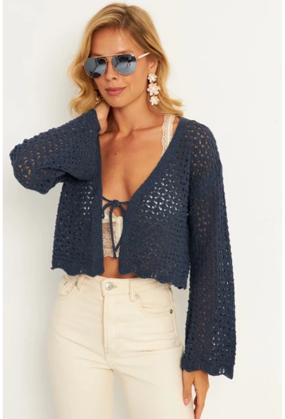 Kadın İndigo Ajurlu Triko Hırka YV248