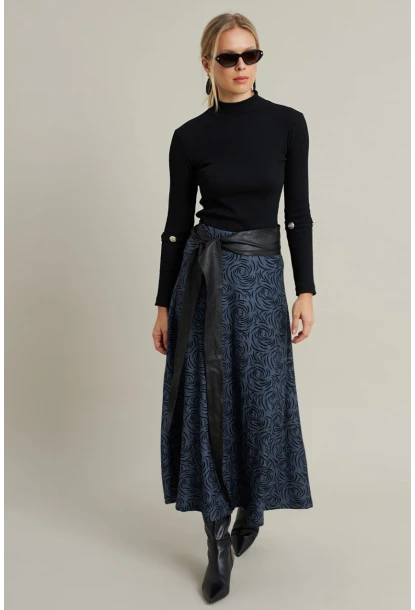 Kadın İndigo Desenli Çan Etek LON3007