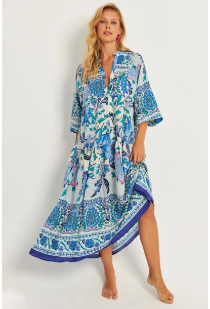 Kadın İndigo Desenli Midi Elbise GÇ169