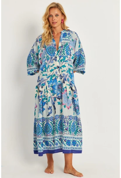 Kadın İndigo Desenli Midi Elbise GÇ169