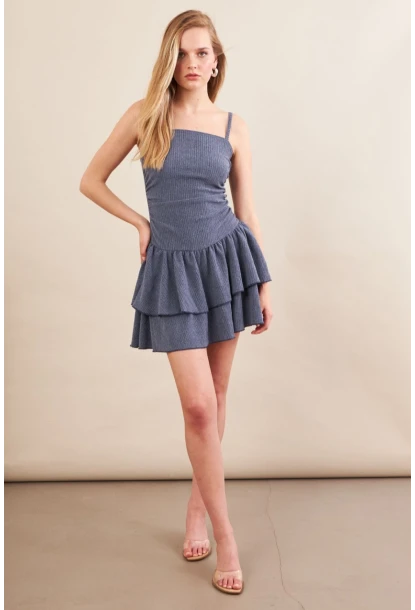 Kadın İndigo Fırfırlı Mini Elbise MOD7593