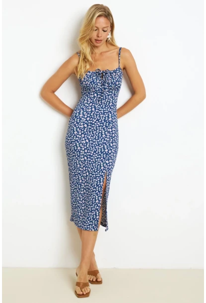 Kadın İndigo İnce Askılı Midi Elbise MON125