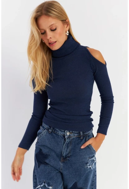 Kadın İndigo Omuzları Açık Kaşkorse Bluz HOR04