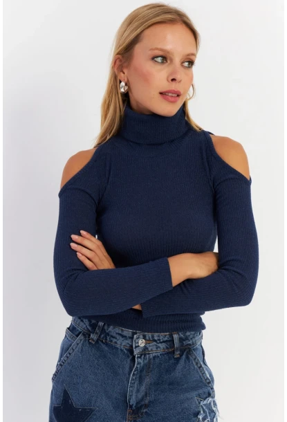 Kadın İndigo Omuzları Açık Kaşkorse Bluz HOR04