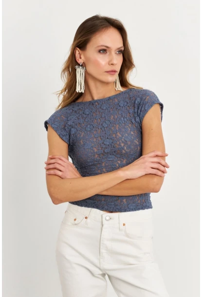Kadın İndigo Sırtı Açık Dantel Bluz ZH04